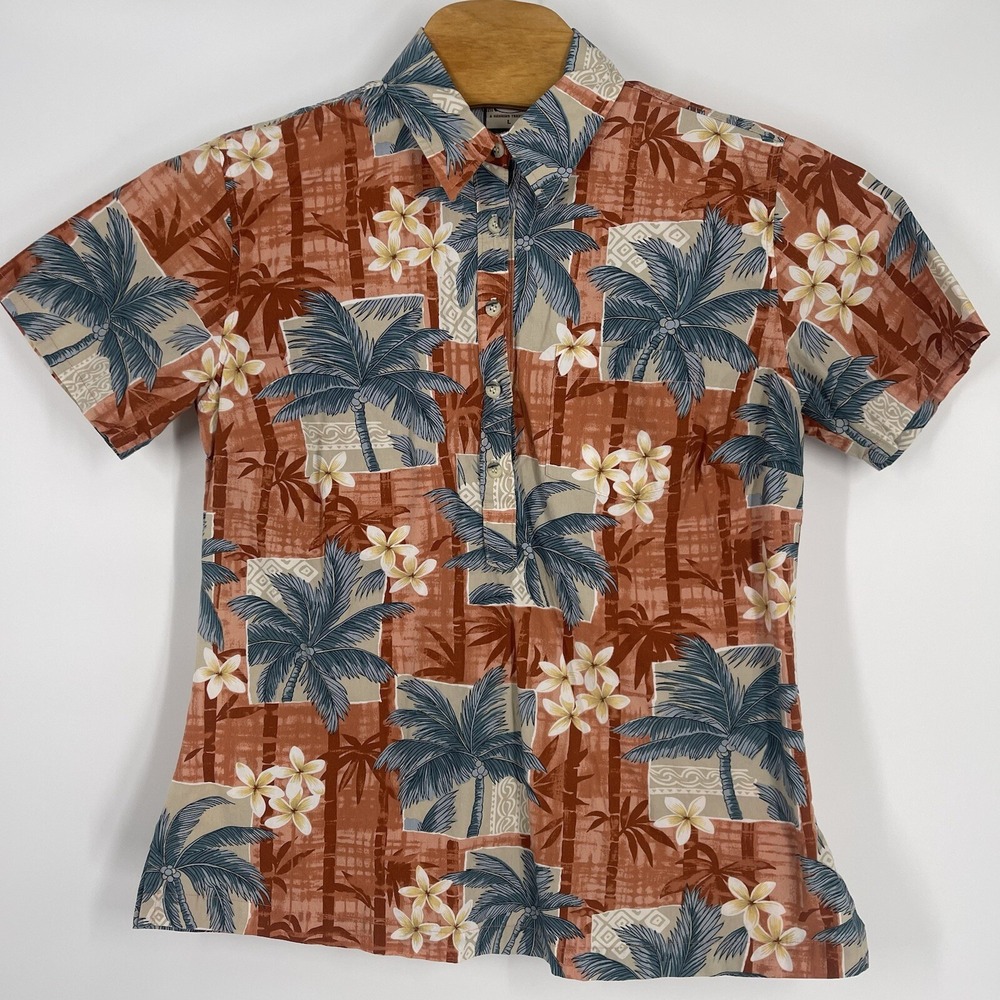 Go Barefoot Mens Large Hawaiian Shirt Orange Palm Tree Plumeria Aloha Pullover
